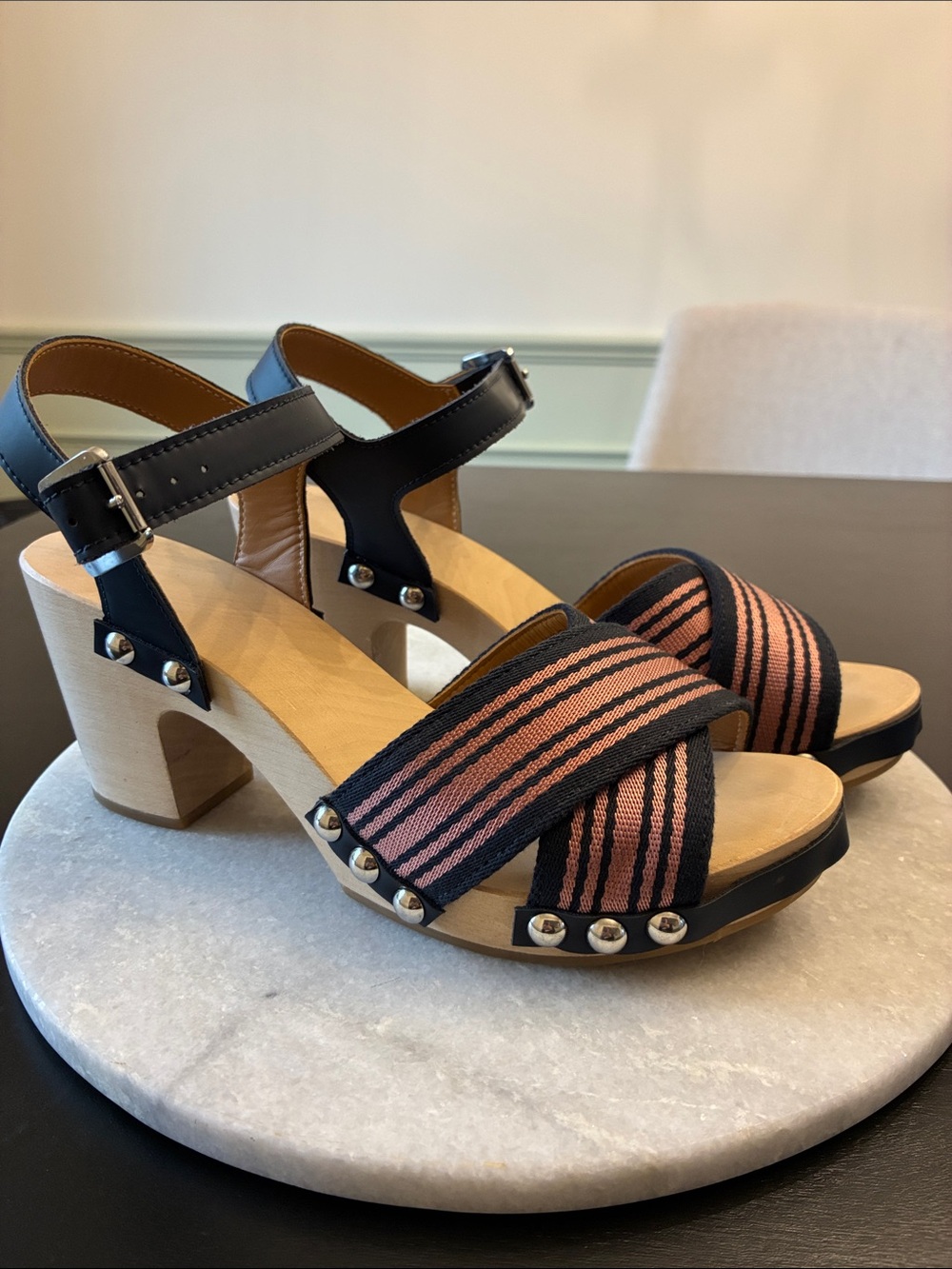 Hunter Navy and Pink Striped Clog Sandals with Wooden Heel